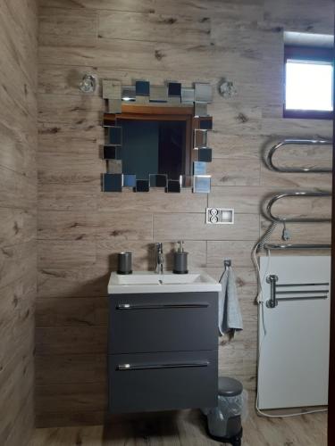 La salle de bains est pourvue d'un lavabo et d'un miroir. dans l'établissement Siedlisko na Winnicy, à Opatów