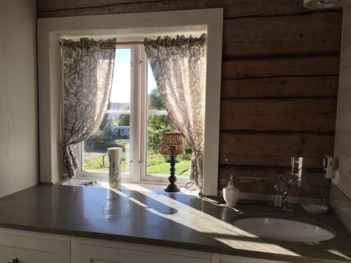 baño con lavabo y ventana en Sjöbredareds Gård en Hökerum