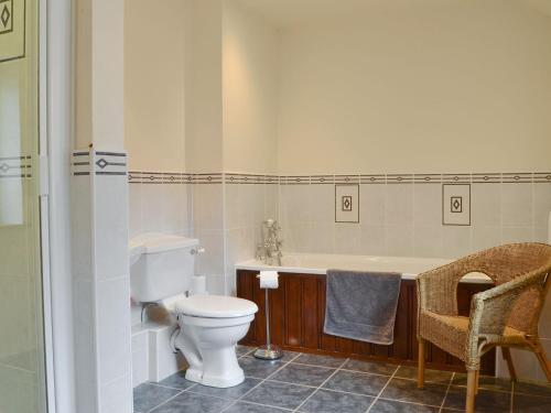 a bathroom with a toilet and a bath tub at Skimblescott Barn in Monkhopton