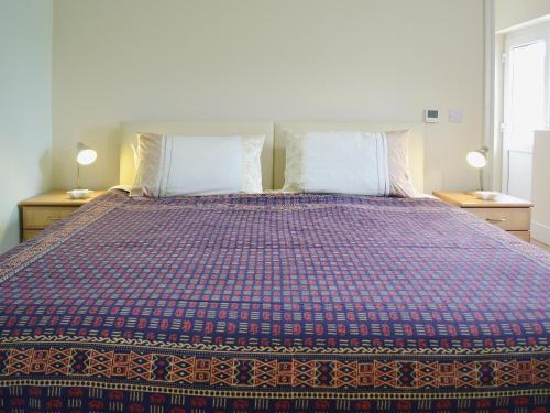 Schlafzimmer mit einem Bett mit einer blauen und roten Decke in der Unterkunft Glanmwrg Barn in Trostre