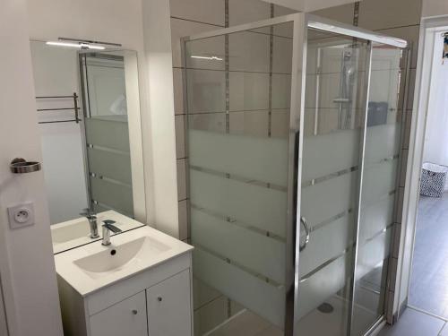een badkamer met een glazen douche en een wastafel bij L'Industriel in Sens