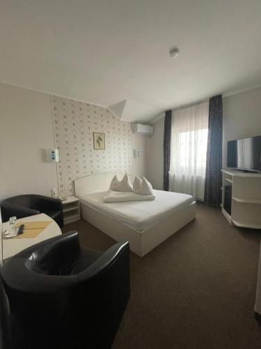 um quarto de hotel com uma cama e uma televisão em Pension Regal em Satu Mare
