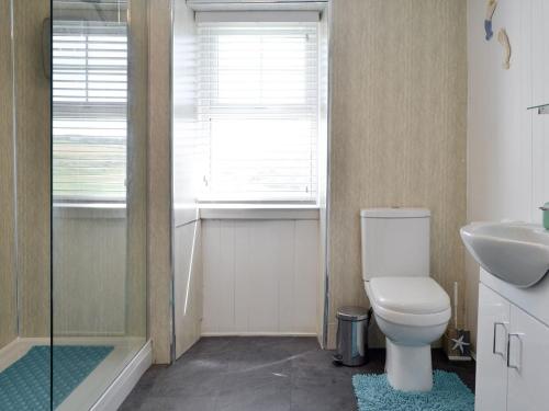 een badkamer met een toilet, een wastafel en een raam bij Bwthyn Y Borth in Rhoscolyn