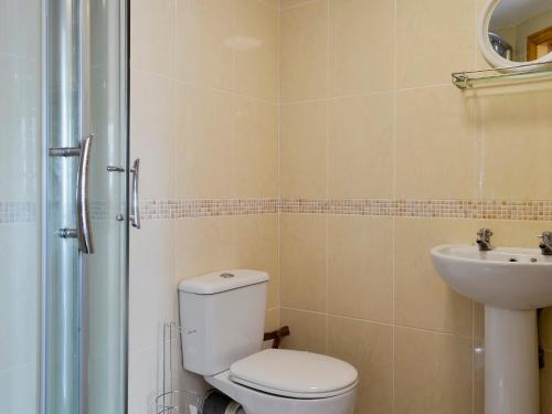 a bathroom with a toilet and a sink at Yr Hen Feudy in Valley