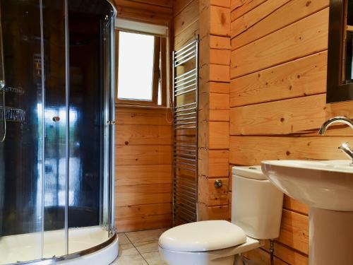 a bathroom with a toilet and a shower and a sink at Gairlochy Bay in Gairlochy