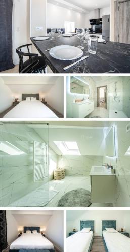 un collage de quatre photos d'une pièce en marbre dans l'établissement Loft l'escale Gîte Les Camélias 71, à Oslon