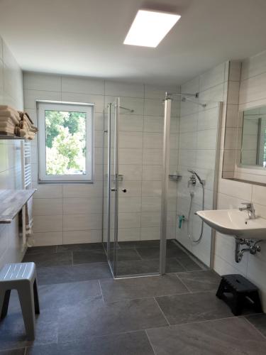 a bathroom with a shower and a sink at Traumwohnung Füssen 17 in Füssen