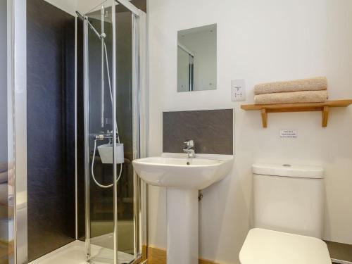 a bathroom with a sink and a shower and a toilet at Stable-uk12108 in Woolfardisworthy