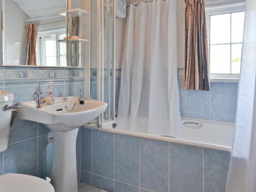 a bathroom with a sink and a toilet and a shower at Gwenallt in Trevor