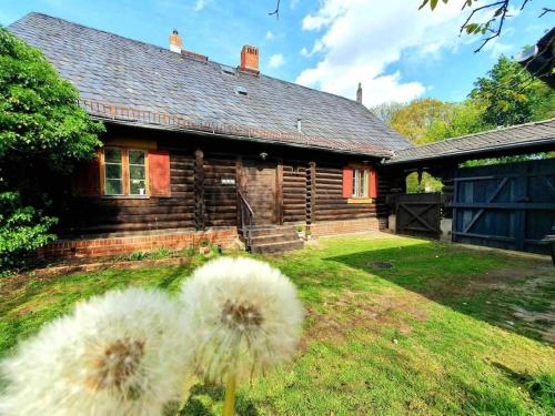 a log house with a flower in front of it at Alexandrowka Wohnen im UNESCO Weltkulturerbe Haus in Potsdam