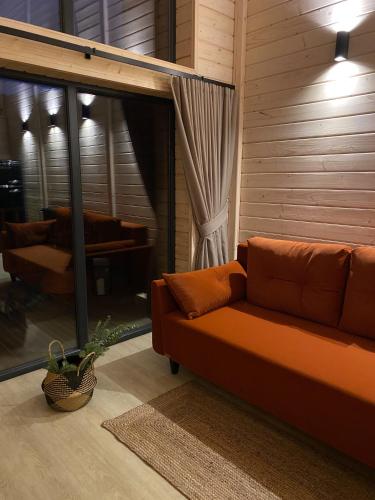 a brown couch in a living room with a window at ЗаҐора in Tatariv