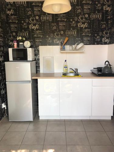 uma cozinha com um frigorífico branco e um micro-ondas em Uniejów PORT pod Sosnami em Uniejow