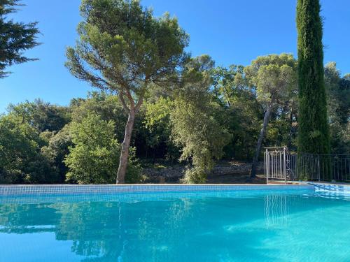 une piscine bleue avec des arbres en arrière-plan dans l'établissement En Provence, LE 89 Villa - 10 personnes, à Bagnols-sur-Cèze