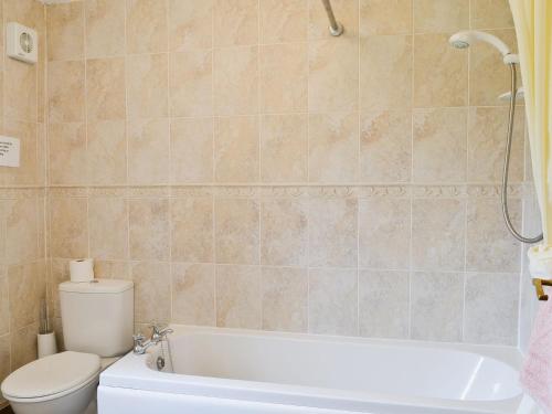 a bathroom with a toilet and a bath tub at Ellarbeck Cottage in Caldbeck