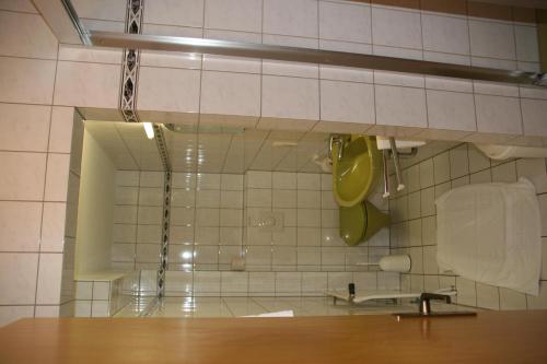 a glass shower in a bathroom with a mirror at Hotel Hessenhof in Winterberg