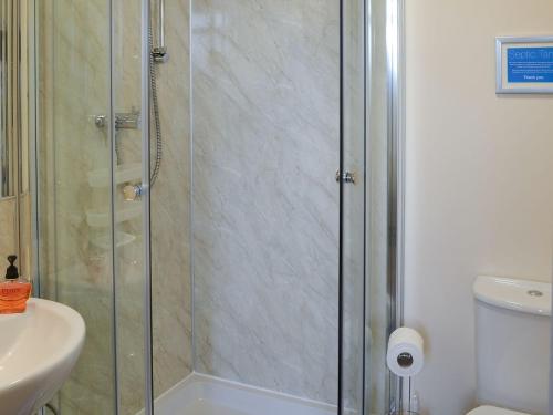 La salle de bains est pourvue d'une douche avec une porte en verre. dans l'établissement Scholten Lodge, à Roche