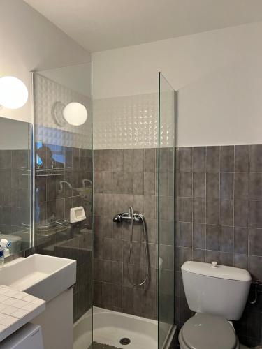 La salle de bains est pourvue d'une douche, de toilettes et d'un lavabo. dans l'établissement Les Appartements De Lina - Studio Tortue - Self Check-In, à La Grande Motte