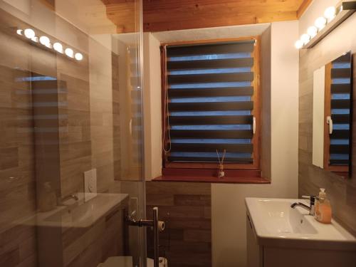 a bathroom with a sink and a window with a mirror at Holzhaus Fechheim in Neustadt bei Coburg