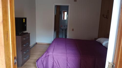 a bedroom with a purple bed and a television at Hostal CASITA ESPAÑOLA in Castro