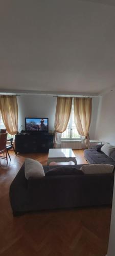 ein Wohnzimmer mit mehreren Sofas und einem TV in der Unterkunft Bridgestreet Champs-Elysées in Paris