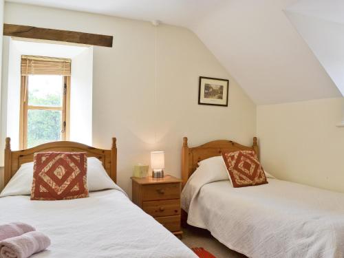 a bedroom with two beds and a window at Ty Rhyd in Llanrhaeadr-ym-Mochnant