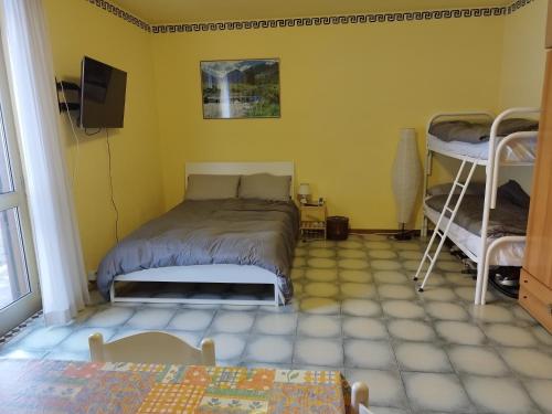een slaapkamer met 2 stapelbedden en een tv bij Appartamento Germano - Regina delle Alpi in Preinardo