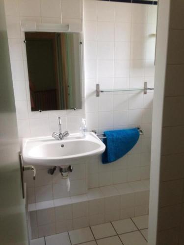 une salle de bain avec un lavabo blanc et un miroir dans l'établissement Les romarins, à Moissac-Bellevue