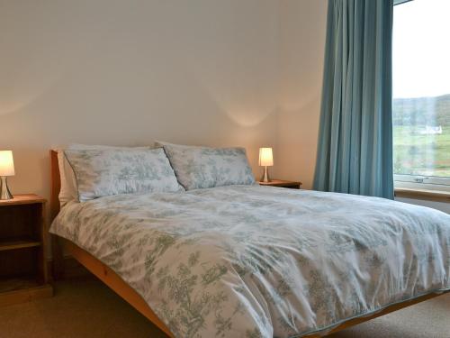 GlendaleにあるSpringburn Cottageのベッドルーム1室(青いカーテン、窓付)