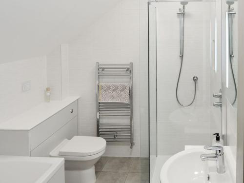 a white bathroom with a toilet and a shower at Red Barn Cottage in Kettleburgh