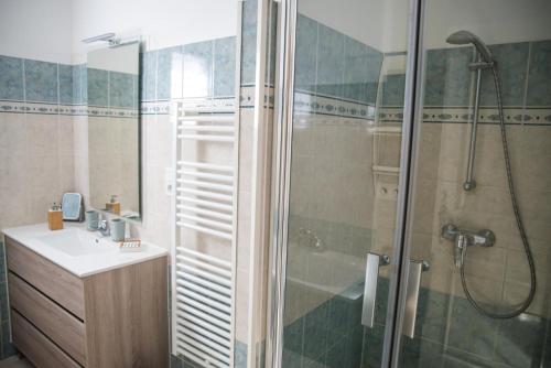 une salle de bain avec douche et lavabo dans l'établissement Gite crovi le muy, au Muy
