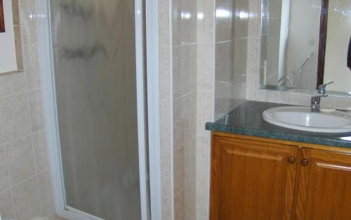 une salle de bain avec douche et lavabo dans l'établissement Jolie maison avec terrasse, au Luc