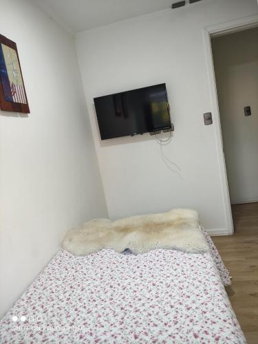 Santa Teresa Hostel في تيموكو: غرفة مع سرير وتلفزيون على الحائط