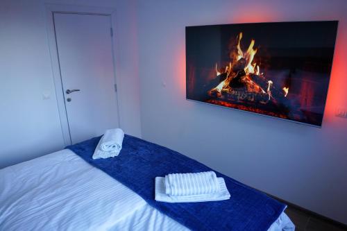 una camera da letto con un letto con un camino nel muro di Apartman Ravna Planina a Pale