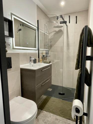une salle de bain avec toilettes, lavabo et douche dans l'établissement Vacances paradisiaques, Plage Cannes boccacabana, studio, à Cannes