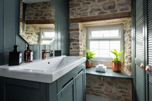 ein Badezimmer mit weißem Waschbecken und Fenster in der Unterkunft Luxury Cottage near Hay-on-Wye in Llanigon