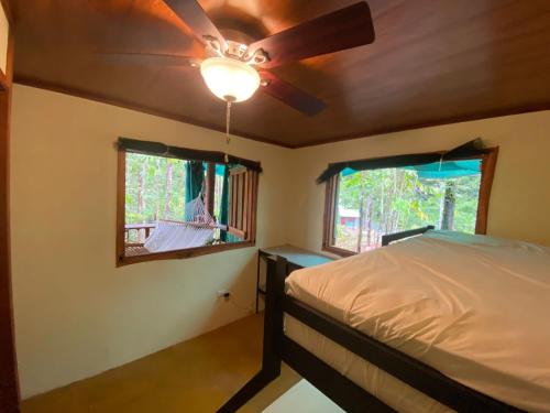 sypialnia z wentylatorem sufitowym i 2 oknami w obiekcie Bahías Lodge w mieście Rincón