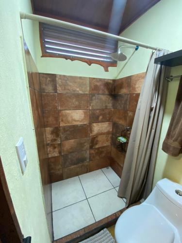 a bathroom with a shower and a toilet at Bahías Lodge in Rincón
