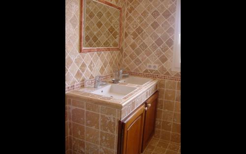 une salle de bain avec un lavabo et un miroir dans l'établissement Le mas des oliviers, à Fox-Amphoux