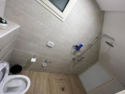 a bathroom with a shower with a sink and a toilet at Golan Zimmer - צימר הגולן in Mas'ade