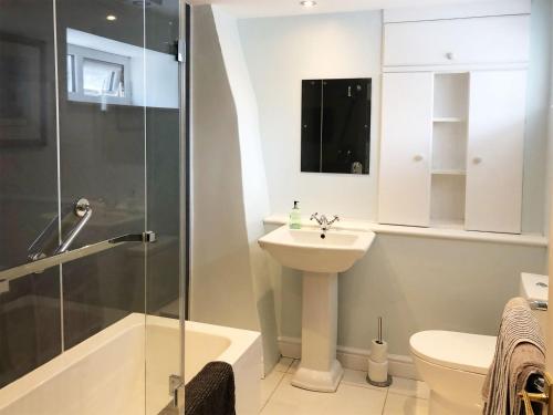 een badkamer met een wastafel, een toilet en een douche bij Mill Stone Cottage in Wolsingham