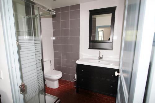 une salle de bain avec un lavabo, des toilettes et un miroir dans l'établissement Bastide les esperifes, à Vidauban