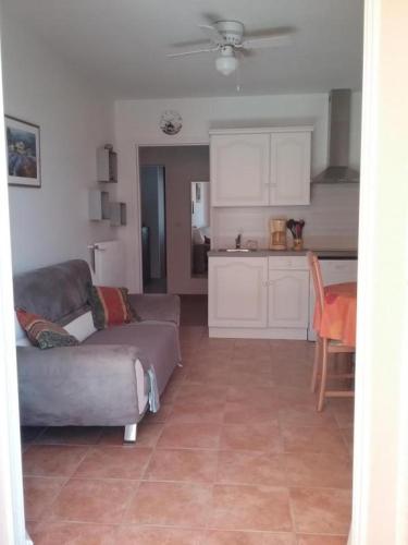 un salon avec un canapé et une cuisine dans l'établissement Le gite le goeland a 5 km de la mer, à Fréjus