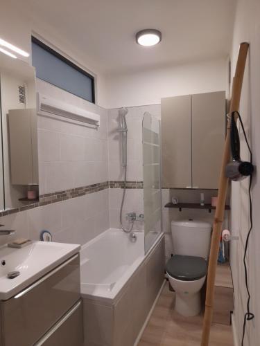 Kúpeľňa v ubytovaní Chez Isabelle et Virgile Bel appartement, avec vues, à 50m de la plage