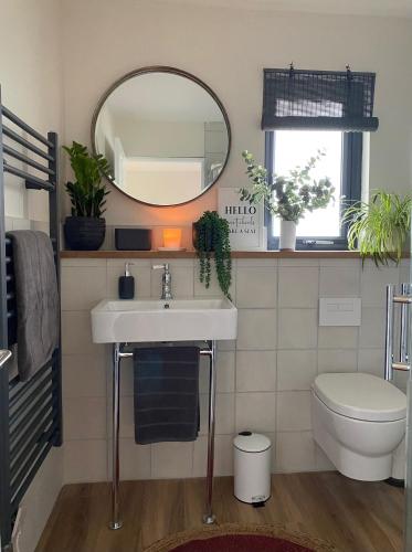 uma casa de banho com um lavatório, um espelho e um WC. em Meadows Lodge em York