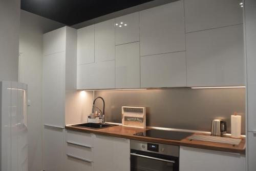 a kitchen with white cabinets and a counter top at Le Royal Couëdic - Les Maisons de Madeleine in Nantes