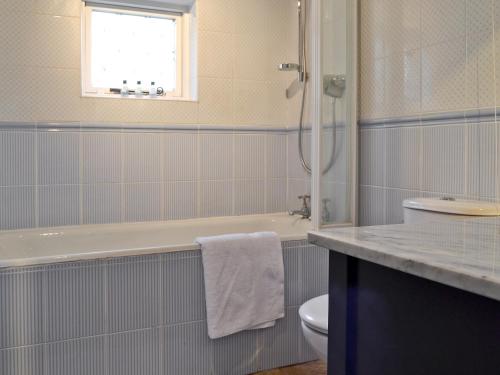 a bathroom with a tub and a toilet and a sink at The Old Thatch in Christchurch