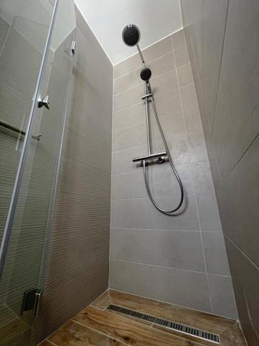 une douche avec pommeau de douche dans une salle de bain dans l'établissement La maurette piscine chauffee, à La Motte