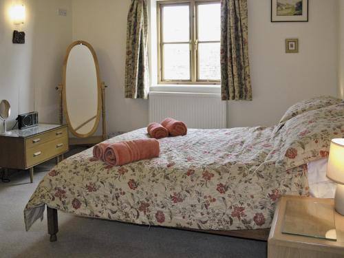 a bedroom with a bed with a dresser and a mirror at Gilberts - E4752 in Ebrington