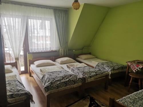 ビャウィ・ドゥナイェツにあるKwatera prywatna u Janinyの緑の壁と窓が特徴の客室で、ベッド3台が備わります。