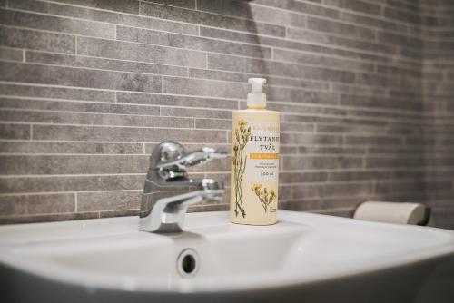 a bottle of soap sitting on top of a sink at STF Lugnåsberget Ekohotell in Mariestad